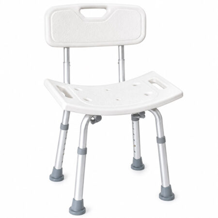Adjustable bath chair with backrest, aluminium frame and non-slip rubber feet on white background